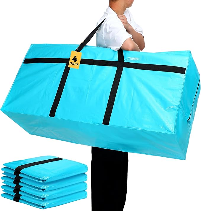 4 Pcs 66 Gallon Large Moving Bags with Zipper and Handles Foldable Storage Duffle Bags Heavy Duty Extra Large Totes for College Dorm Travel Clothes Blankets Bedding Moving(Lake Blue)