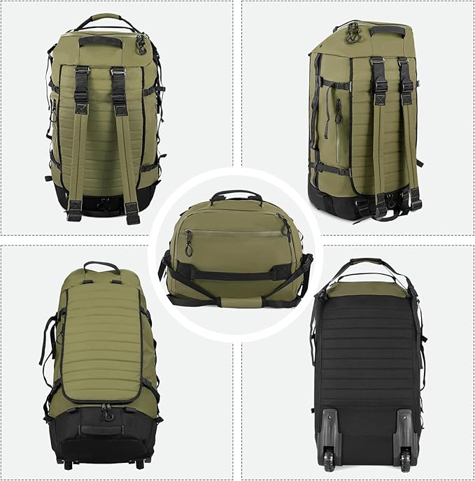 86L 30” Folding Duffle Backpack with 2 Wheels,Travel Bag with Separate Shoe Compartment,Army Green