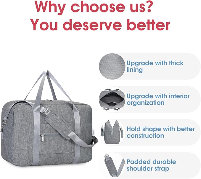 For Spirit Airlines Personal Item Bag 18x14x8 Foldable Travel Duffel Bag Underseat Carry on Luggage for Women and Men 30L (Grey)