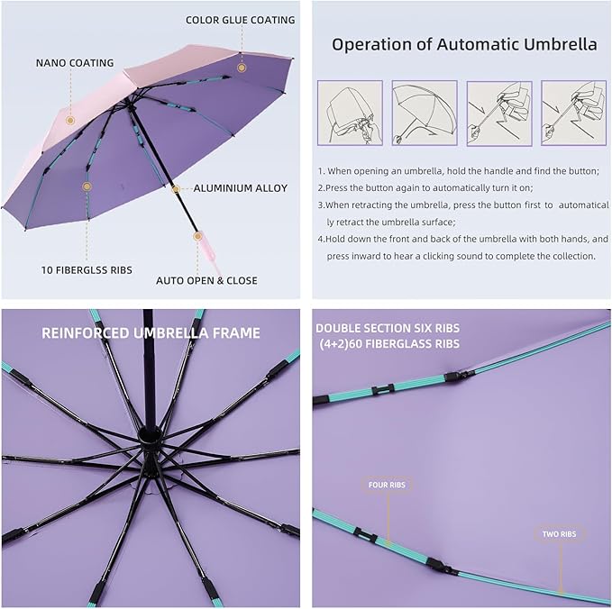 Folding Umbrella Anti-UV Compact Durable Folding Umbrella Auto Open Close Windproof Travel Umbrella Premium Grip Fits Backpack