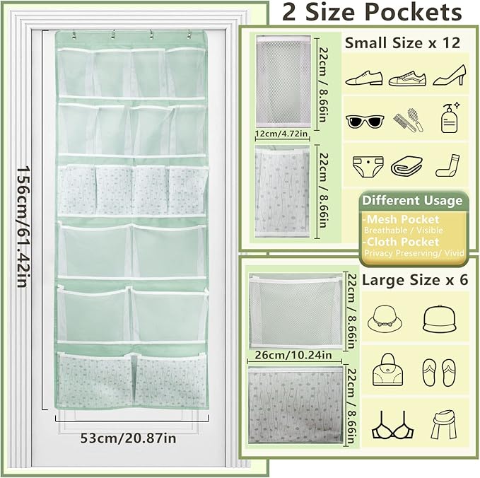 Over the Door Organizer with 4 Kinds of Pockets,Behind Door Shoes Rack,Back of Closet Storage Organization for Socks,Hat,Underwear,Luggage Packing,Hanging Holder Shelf in Home Dorm,Travel,Green