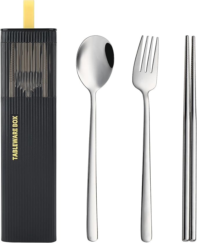 DEVICO Travel Utensils with Case, 18/8 Stainless Steel Reusable Silverware Set for Lunch Box, Portable Cutlery Set, Fork and Spoon Set for Camping, Lunch, Picnic, Workplace, School (Black)