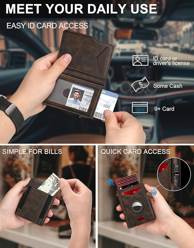 Airtag Wallet for Men, Minimalist Slim Mens Wallet Smart Pop Up Credit Card Holder for 9-13 Cards, RFID Blocking Wallet with ID Window & Cash Slot, Compact Bifold Metal Aluminum Card Case
