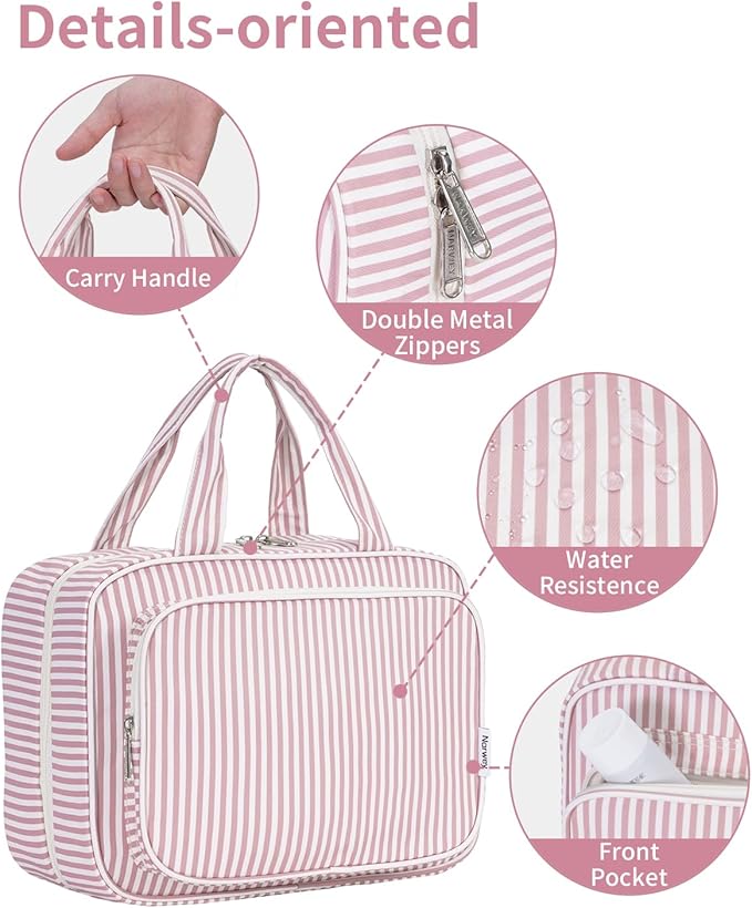 Narwey Striped Travel Toiletry Bag for Women Large Hanging Makeup Bag Organizer Toiletries Bag for Full Size Essentials Accessories Cosmetics (Dusty Pink Stripe (Large))