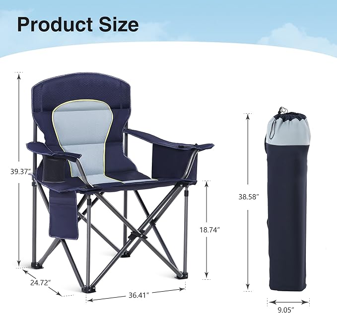 HIGH POINT SPORTS Oversized Camping Folding Chair, Heavy Duty Portable Outdoor Chair, Foldable Camp Chair with Cup Holder and Cooler Bag Support 450 LBS, Dark Blue…