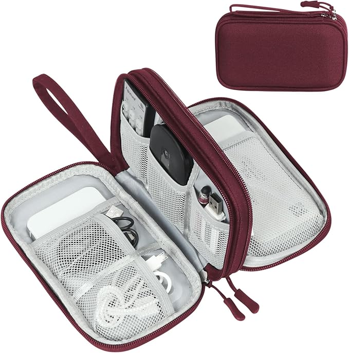 FYY Electronic Organizer, Travel Cable Organizer Bag Pouch Electronic Accessories Carry Case Portable Waterproof Double Layers Storage Bag for Cable, Charger, Phone, Earphone, Medium Size- Wine Red