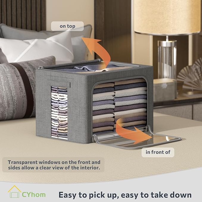 4 Pack Clothes Storage Bins with Metal Frame - Linen Fabric Foldable Stackable Container Organizer Set with Clear Window & Carry Handles & Zippers (Dark Gray, 15.7"x11.8"x7.8")