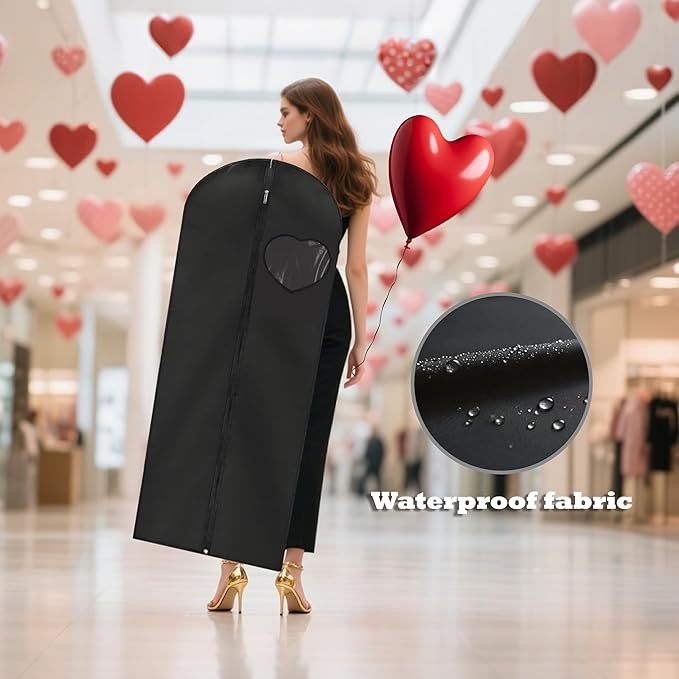 Dress Bags for Gowns Long, 65'' Garment Bags for Hanging Clothes, Suit Bag Cover for Storage and Travel, with Clear Heart Window, 2 Pack (Black)