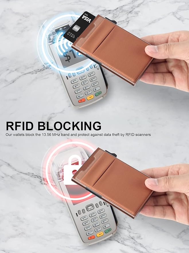 Slim Wallet for Men and Women,Pop Up Credit Card Wallet Metal Minimalist Cards Holder with Money Pocket,Small Ultralight Aluminum RFID Blocking Wallets 6-12 Card Capacity,Brown