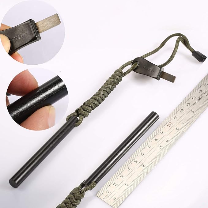 bayite 4 Inch Survival Ferrocerium Drilled Flint Fire Starter, Ferro Rod Kit with Paracord Landyard Handle and Striker, 4"(Long) x 3/8"(Diameter)