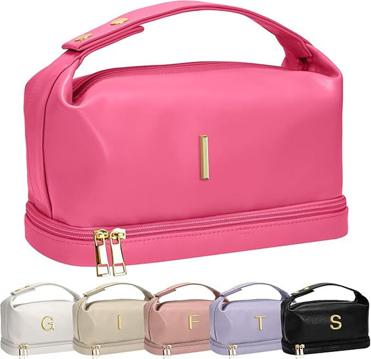 Gifts for Daughter/Girls, Personalized Makeup Bag with Handle, Initial Double Layer Cosmetic Bag with Makeup Brush Organizer, Cute Cosmetic Pouch for Women, Gifts for Niece Female
