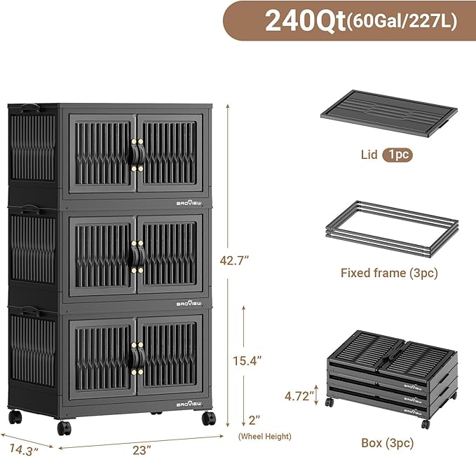 BROVIEW 240Qt Stackable Storage Bins with Lid, Extra Large Closet Organizer Collapsible Drawer Boxes with Wheels, Folding Plastic Cabinet Containers for Home Kitchen Room Organization, 3Pack Black
