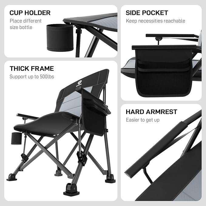 EVER ADVANCED Oversized Folding Camping Chair for Adults with Adjustable Lumbar Support, Heavy Duty Chair with Side Pockets, Portable Collapsible Quad Chair for Outside