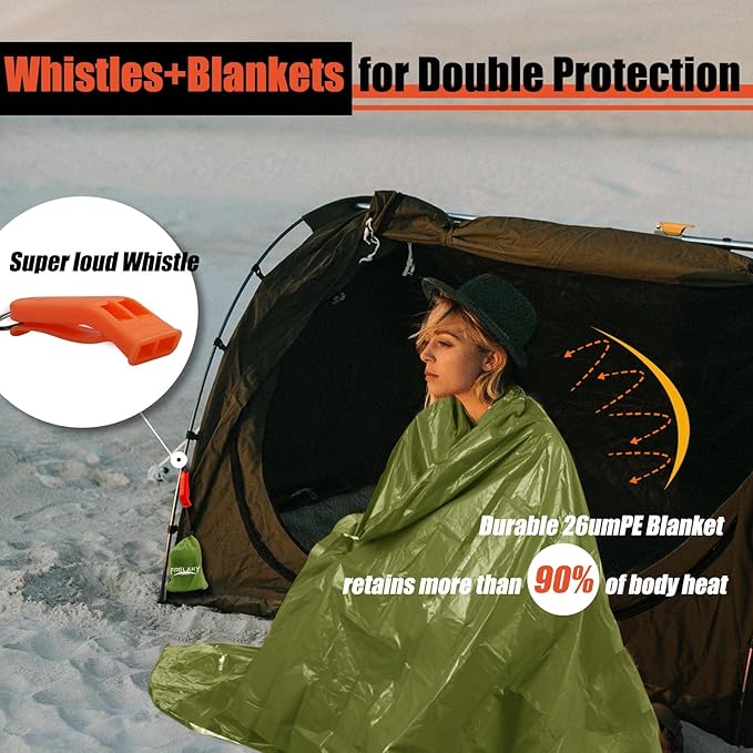 Frelaxy Emergency Blanket 2-Pack/4-Pack, Extra-Thick Extra-Large Space Blankets with Whistles, Storage Pouchs, and EVA case, 83" x 60"