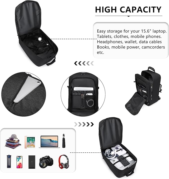 Kono Carry on Backpack, 22" Airplane Approved Travel Backpack for Men and Women, Waterproof Lightweight Daypack for Flight 40L (Black, Large)