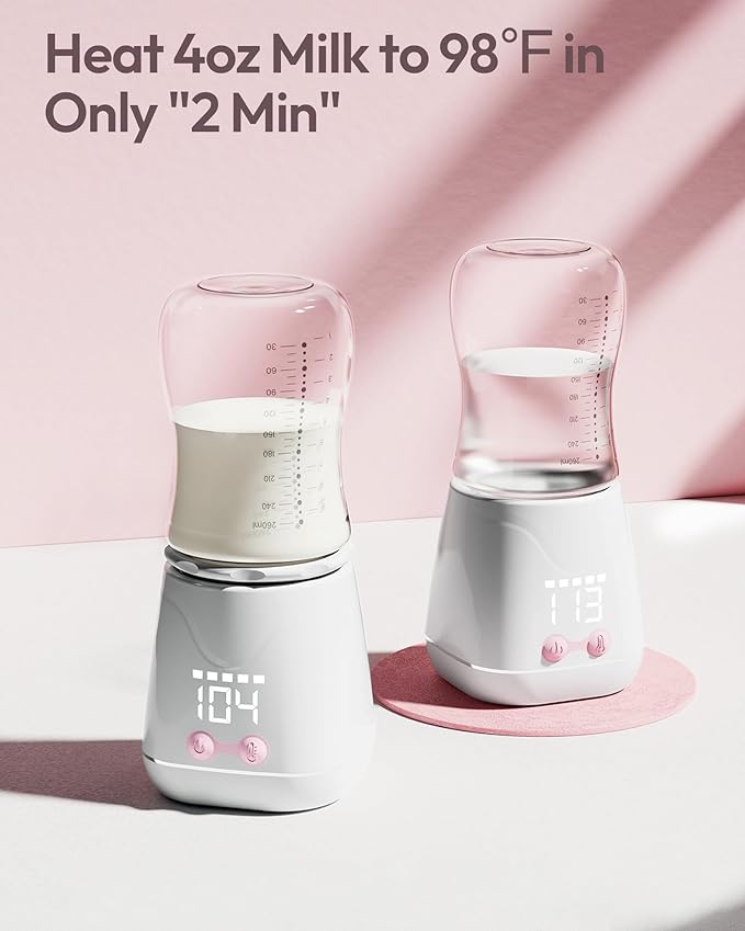Portable Bottle Warmer, w-maxa Fast Baby Bottle Warmer for Travel with Glass Bottle & 4 Adapters, Rechargeable Bottle Warmer On The Go with Precise Temperature Control for Breastmilk, Formula