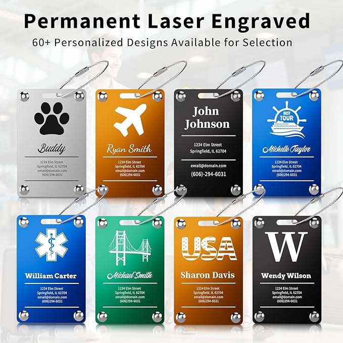 4 Pack Personalized Luggage Tags for Suitcases, Handmade Engraved Stainless Steel Custom Luggage Tags for Cruise Travel with Stainless Loop, Suitcase Identifier Metal Name Baggage Tag