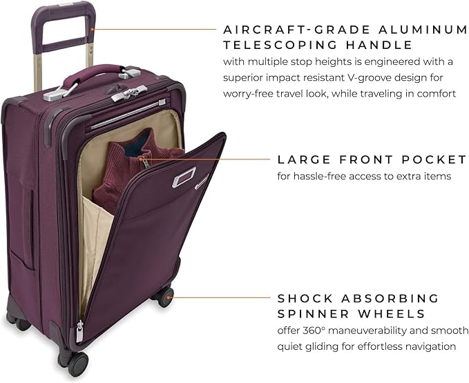 Briggs & Riley Essential 22" Carry On Expandable Spinner - Luggage for Travel, Suitcases with Wheels, Softside Rolling Bag for Men & Women, Self-Repairing Zipper - Baseline Collection, Plum