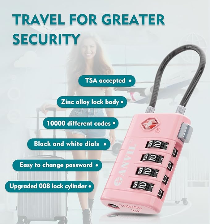ANVIL 4 Digit Luggage Locks, TSA Locks for Luggage, Advanced TSA008 core, Alert Indicator for Your Travel Lock, Suitcase Lock. (2, Pink)