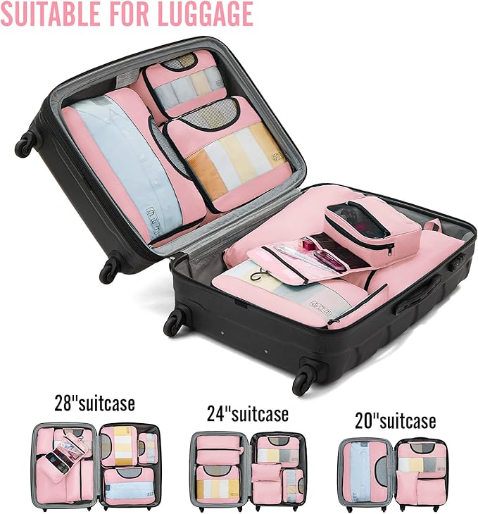 Veken 8 Set Packing Cubes for Travel Essentials, Pink Suitcase Organizer Bags in 4 Sizes, Carry-On Luggage Accessories with Large Laundry & Hanging Toiletry Bag, Must-Have for Airplane, Road Trip