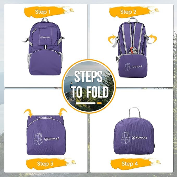 ZOMAKE Lightweight Packable Backpack 35L, Light Foldable Backpacks Water Resistant Collapsible Hiking Bag, Compact Folding Day Pack for Travel Camping(Purple)