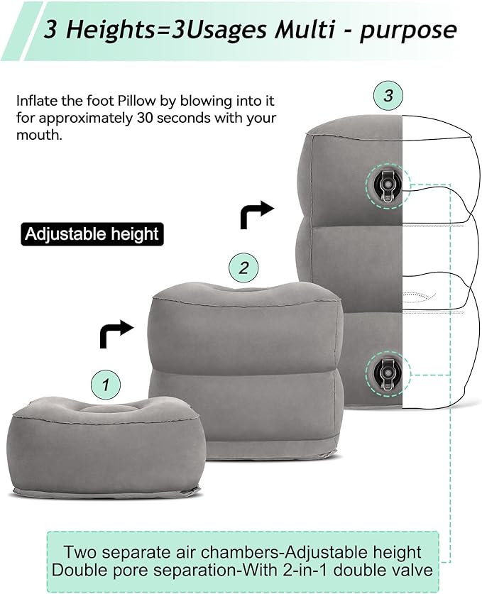 JefDiee Inflatable Foot Rest Pillow, Kids Airplane Bed, Adjustable 3 Layers Height Leg Rest Pillow, Airplane Travel Essentials Great for Office, Home, Trains, Cars