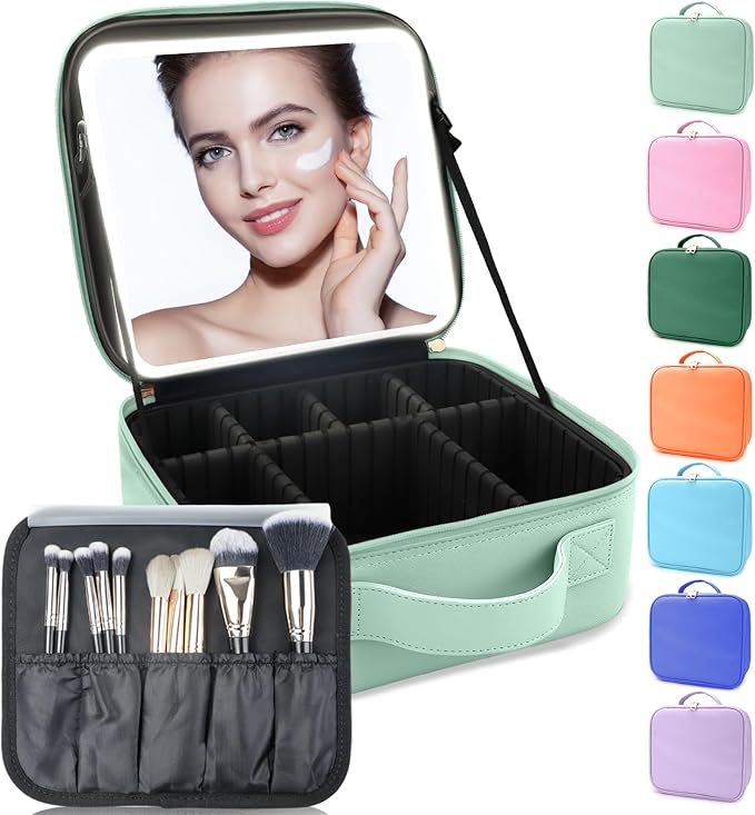 Makeup Bag with Led Mirror,Travel Makeup Organizer with 3 Color Setting, Portable Storage and Adjustable Dividers Travel Makeup Bag(light green)