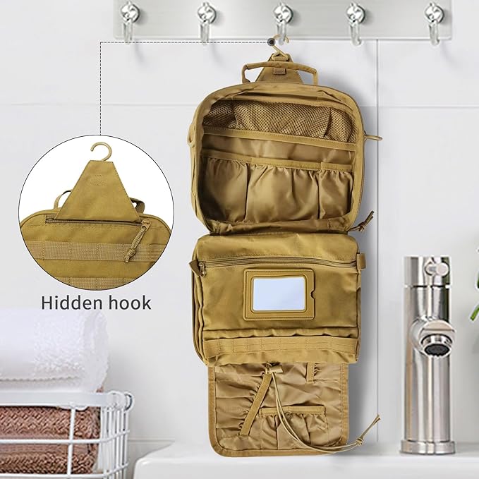 Toiletry Bag for Men, Travel Hanging Hook Toiletry Bag, Spacious Portable Organizer Dopp Kit Shaving Bag for Toiletries Makeup Accessories Tactical Essentials - Khaki