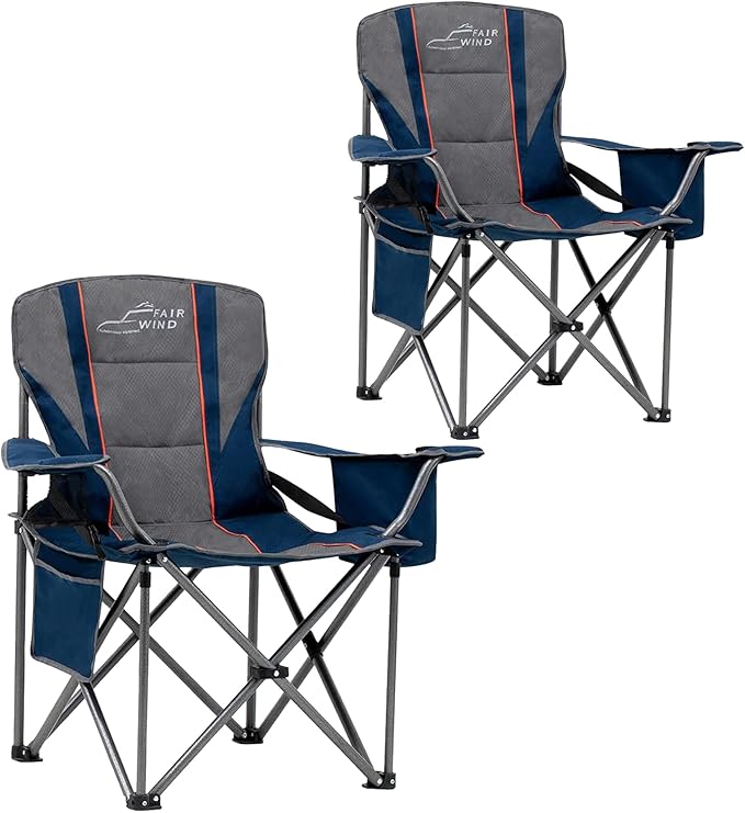 FAIR WIND 2 Pack Oversized Fully Padded Camping Chair with Lumbar Support, Heavy Duty Cooler Bag Fold Chair Support 450 LBS, Blue