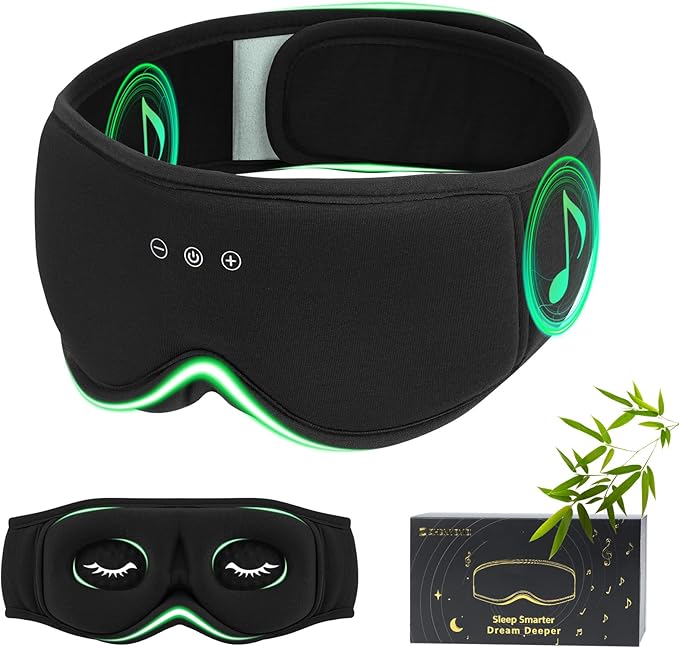 Bamboo Cotton Sleep Mask with Bluetooth Wireless Headphones - Blackout Eye Mask for Sleeping 3D Contoured Sleep Headband Ear Muffs Lengthen & Low Noise Hook for Better Experience (Black)