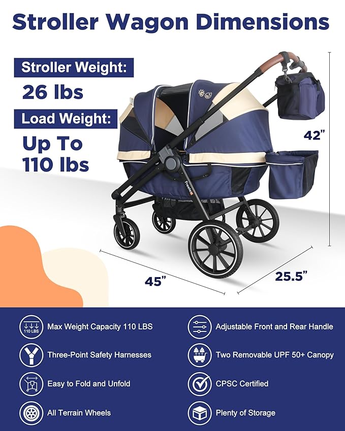 Tandem Wagon Stroller–All-Terrain 2-in-1 Push&Pull Design, Double Seat, Large Storage, Adjustable Canopy, Removable Child Tray for Kids Outdoor Adventures&Family Outings