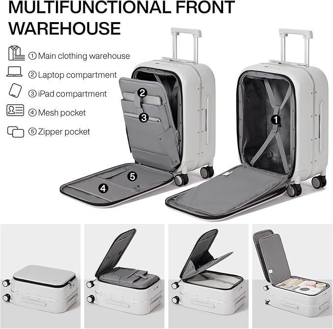 mixi Carry On Luggage, 20'' Suitcase with Front Laptop Pocket, Travel Rolling Luggage Aluminum Frame PC Hardside with Spinner Wheels & TSA Lock and Cover - Smoke White
