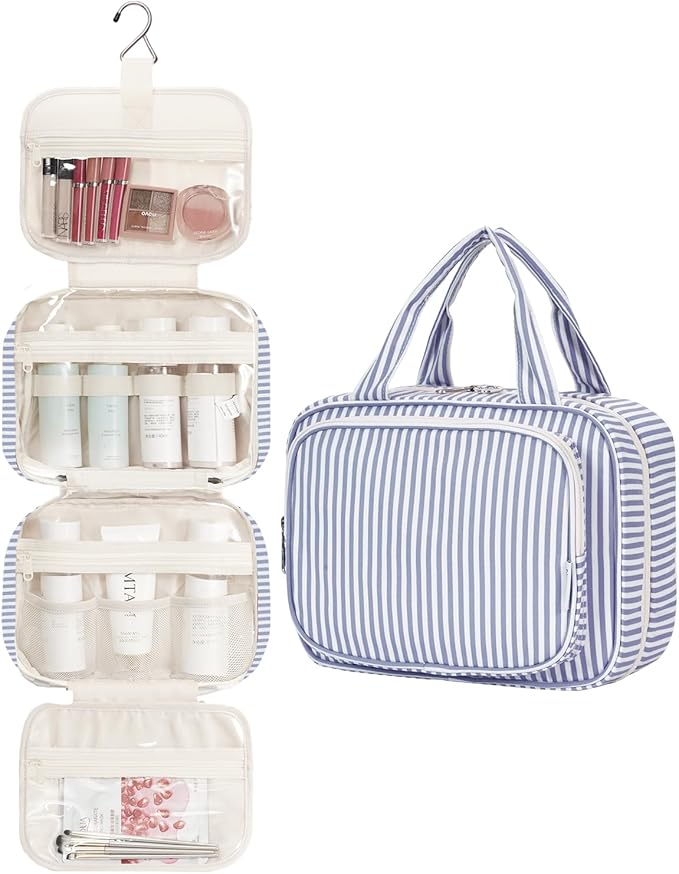 Narwey Striped Hanging Toiletry Bag for Women Travel Makeup Bag Organizer Toiletries Bag for Travel Size Essentials Accessories Cosmetics (Greyish Blue Stripe (Medium))
