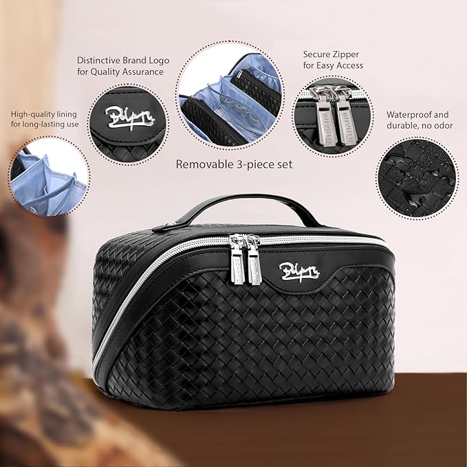 BOYATU Travel Makeup Bags for Women: 3 Pcs Large Make up Bags Set - Vegan Leather Cosmetic Bag for Traveling - Waterproof Toiletry Organizer (L03 Black)