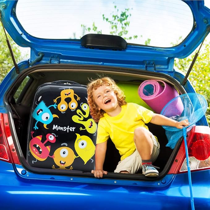 HONEY JOY Kids Luggage, 12" Toddler Backpack & 16" Travel Suitcase with Wheels, Lightweight Toddler Girls Suitcase, Durable ABS Hardshell, 2Pcs Carry On Luggage Set for Boys Girls, Black Monster