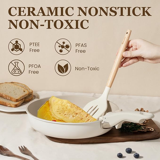 KIKCOIN Ceramic Cookware Set, 20 Pack Nonstick Pots and Pans Set with Detachable Handles, Healthy Frying Pans, Induction Dishwasher Oven Safe Kitchen Set, PFAS PFOA & PTFE Free