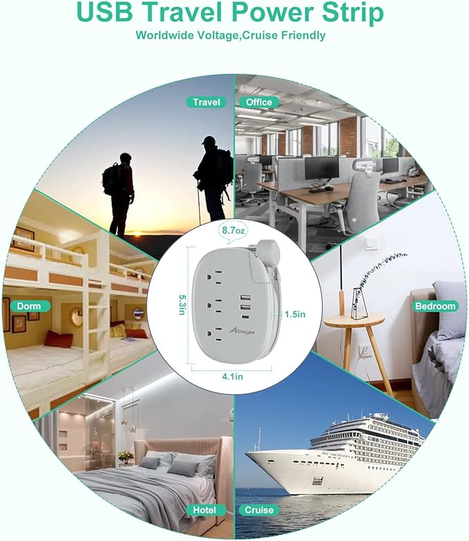 Alitayee USB C Portable Travel Power Strip with 3 Outlets 3 USB Ports Fast Charge, USB Extendable Outlet Extender with Flat Plug and 3ft Wrapped Around Extension Cord for Cruise Travel Home Office
