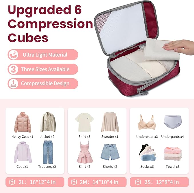 8 Set/6 Set/4 Set Compression Packing Cubes for Travel, Lightweight Vacation Travel Essentials, Travel Accessories for Suitcase Organizer Bags Set, Durable Luggage Organizer