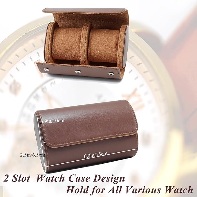 Watch Travel Case, Luxury Leather Watch Roll 2 Slot Organizer Box, Jewelry Storage Case Gifts for Man and Woman Christmas Anniversary Birthday (Brown-2slot)