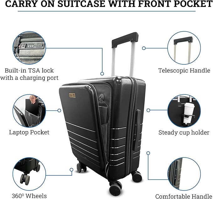 20 Inch Hardside Carry On Luggage with Spinner Wheels, Airline Approved 22x14x9 Carry-On Luggage with Front Pocket (Black)
