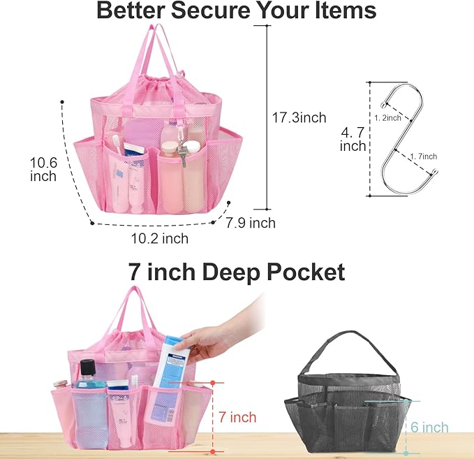 F-color Mesh Shower Caddy Portable with Drawstring - Upgrade Deeper 7 Pockets Dorm Room Essentials for Guys Girls with S Hook, Shower Bag Basket Tote for College Camping Toiletry Bathroom, Pink