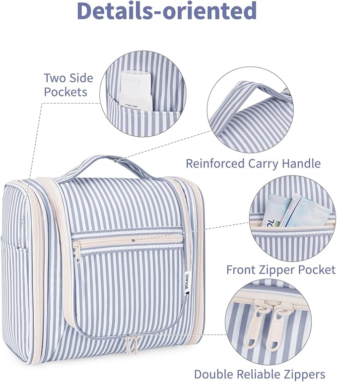 Narwey Striped Hanging Travel Toiletry Bag for Women, Travel Bag for Toiletries, Makeup Bag Organizer Cosmetic Bags Make Up Bags for Women (Greyish Blue Stripe)