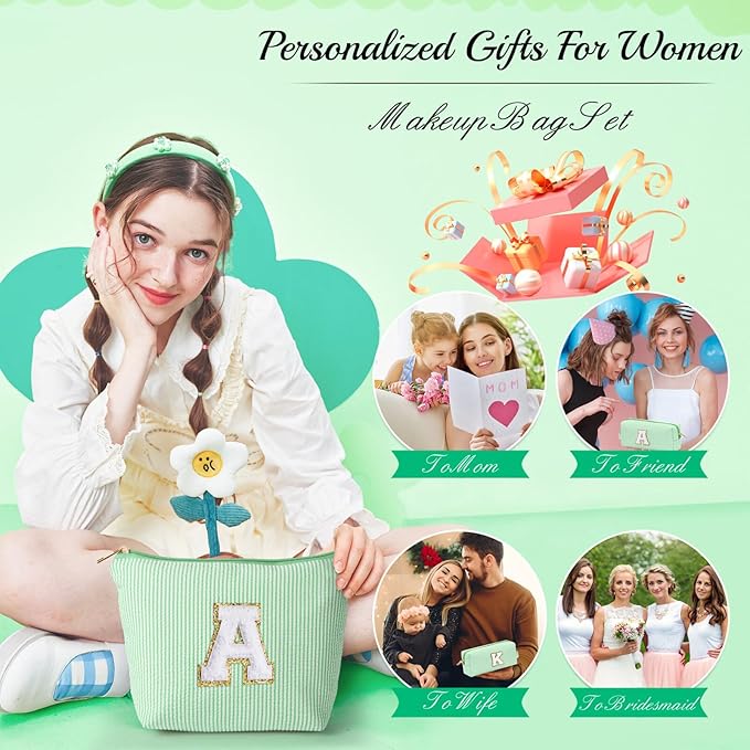 YOOLIFE Initial Makeup Bag for Women - Teen Girl Gifts Trendy Stuff Monogram Cute Makeup Bags Make Up Case for Women Her Best Friend Friendship Sister Teacher, Personalized Birthday Gifts I