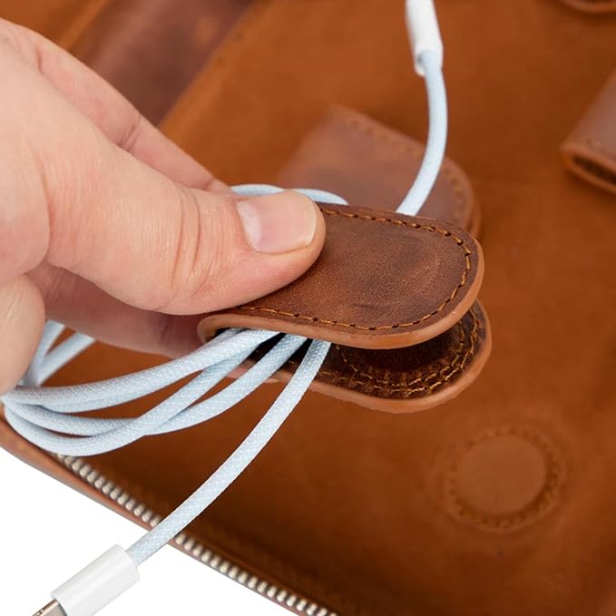 Medicine Handmade Leather Cable Organizer Bag – Full-Grain Leather Travel Tech Case for Cords, Chargers & Accessories – Zippered Storage for Men & Women (Tiguan Tan)
