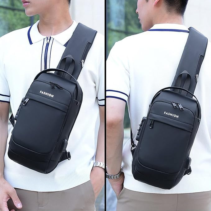 Sling Bag for Men Anti-theft USB Crossbody Shoulder Backpack Purse Waterproof PU Leather Chest Bag Travel Daily Use