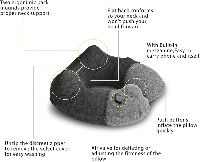 Inflatable Travel Neck Pillow, Best Airplane Neck Pillow for Long Flight Sleeping,Soft 100% Cotton Travel Pillow for Plane Head Rest, Portable Traveling Essentials