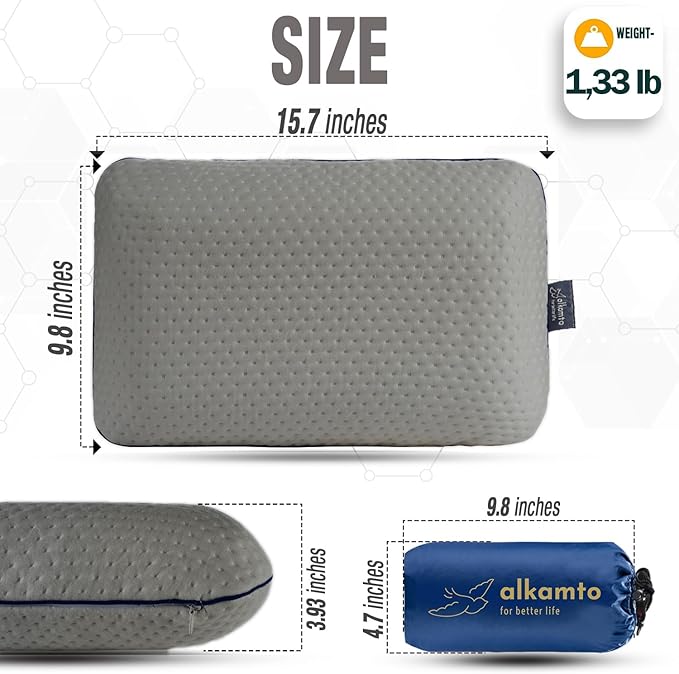 Travel & Camping Comfortable Memory Foam Pillow – Easy to Carry Portable Bag – Temperature Regulating Pillow Case (Grey)