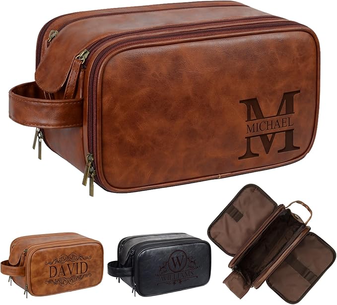 Personalized Leather Toiletry Bag for Men - Double Layer Reinforced Handle,Large Water Resistant Shaving Dopp Kit,Travel Essential,Wedding Groomsmen Gift