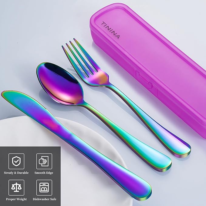 Travel Utensils with Case, 4-Piece Stainless Steel Portable Cutlery Set, Reinforced Case with Buckle Design, Lunch Box for Camping Work School, Include Fork Spoon Knife, Dishwasher Safe, Rainbow