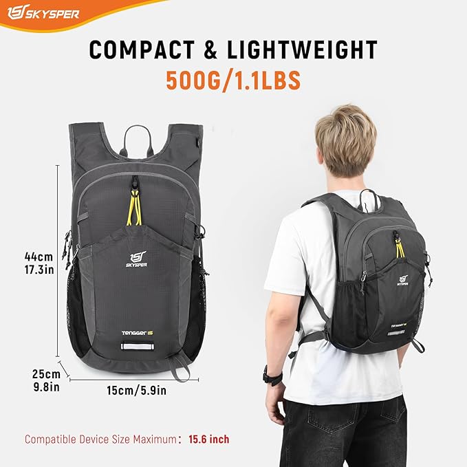 SKYSPER Hiking Backpack 15L Lightweight Walking Daypack for Camping Travelling Daytrip Small Trail Bagpack for Men Women
